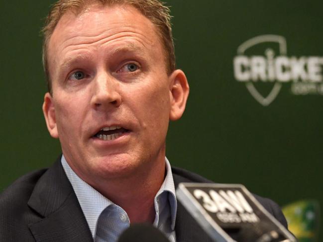 (FILES) A file photo taken on October 3, 2018 shows Cricket Australia's CEO Kevin Roberts speaking during a press conference after being appointed to the top position in Melbourne. - Roberts resigned on June 16, 2020 after the troubled organisation's board demanded a leadership "reset" as anger simmers over its handling of the coronavirus crisis. (Photo by William WEST / AFP)