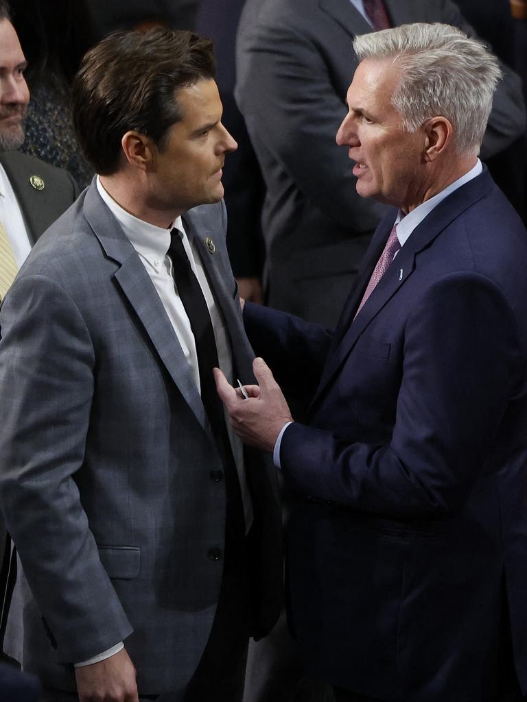 House Republican Leader Kevin McCarthy talks to Matt Gaetz on the fourth day of elections for Speaker. Picture: AFP