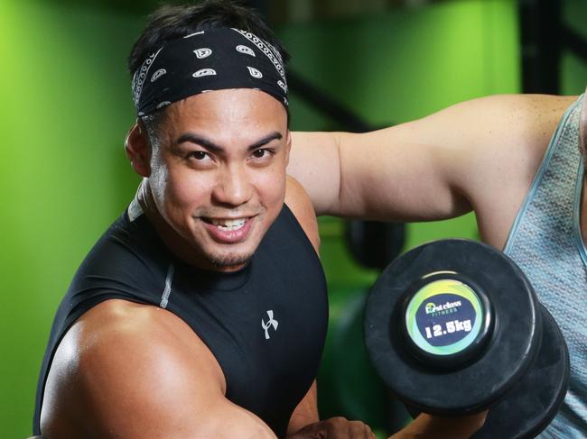 Christian Collado of Morningside and Josh Davies of F1rst Class Fitness in Queen St , Brisbane 9th June 2018Encouraging younger men to get off the couch and into the gym.Photo AAP/ Ric Frearson