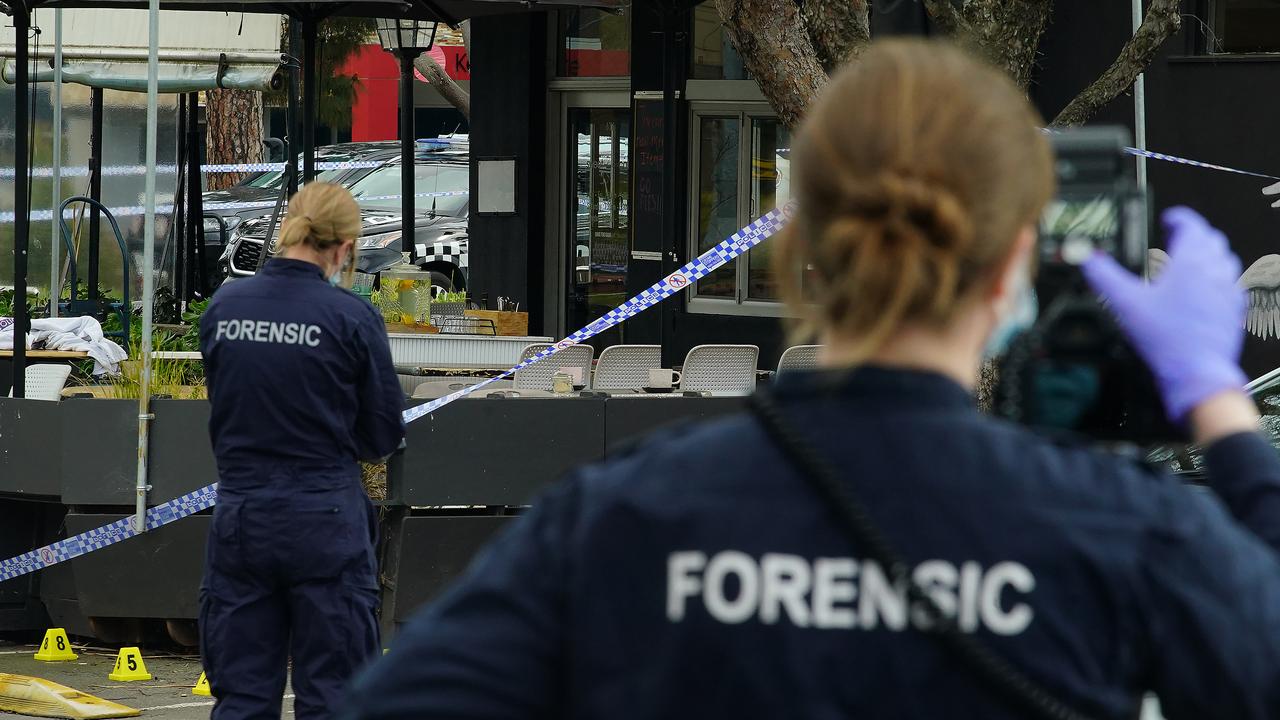 Forensic police are seen investigating the scene of a shooting in Keilor Village.Picture: NCA NewsWire / Luis Enrique Ascui