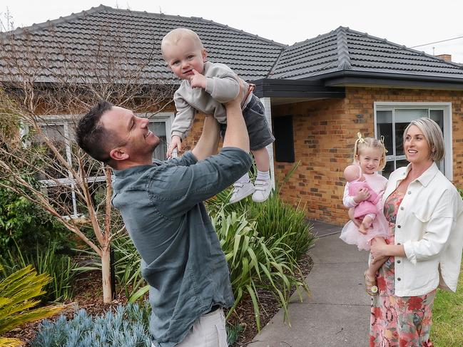 Real Estate. Justin and Alex Shimmin, with their children Fenna, aged 3, and Ari,15 months outside their Oak Park investment property which is up for sale. Picture: Ian Currie