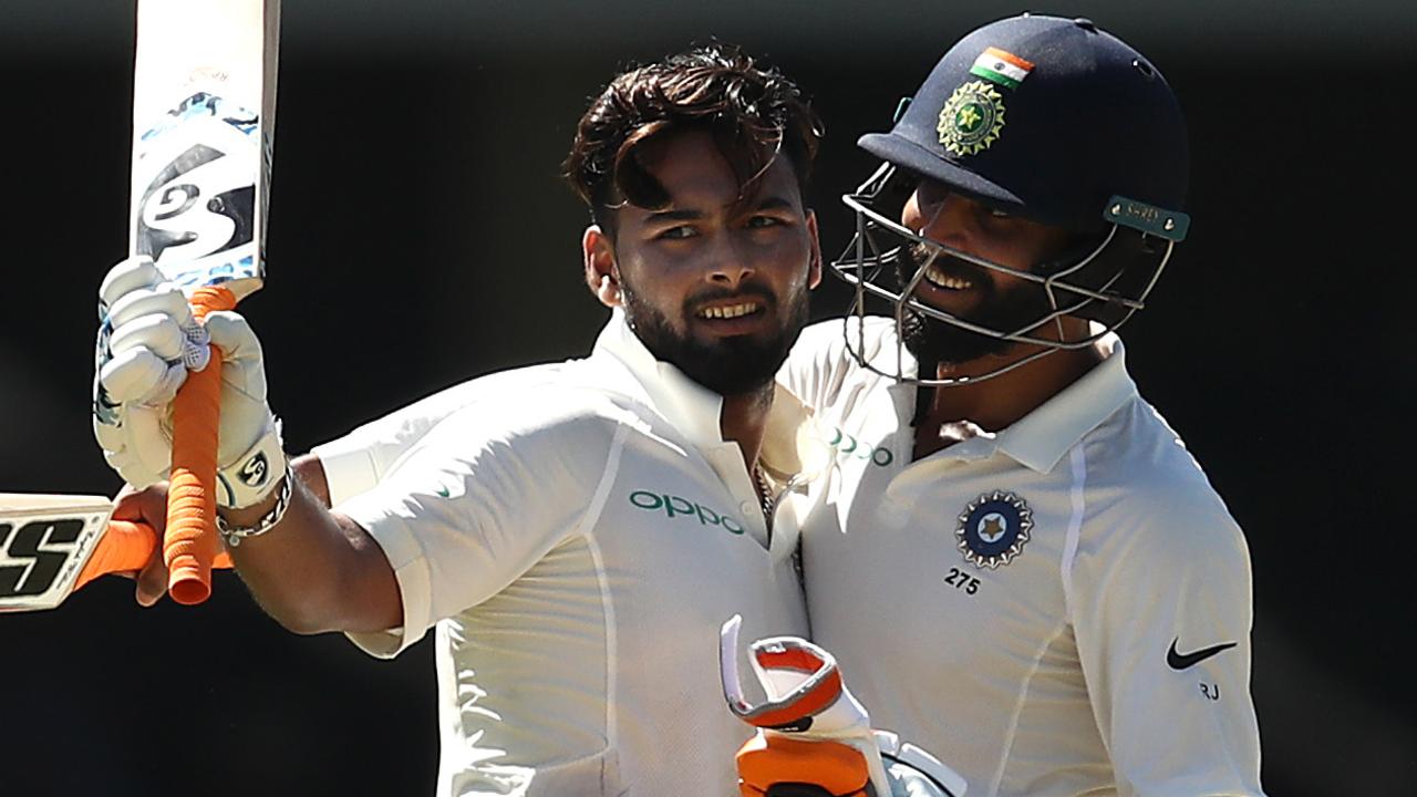 Rishabh Pant of India is congratulated by Ravindra Jadeja of India after reaching his century during day two.