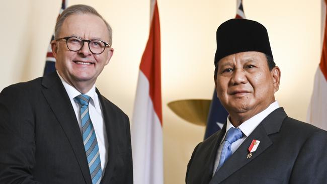 Indonesian Defence Minister and president-elect Prabowo Subianto with Anthony Albanese in Canberra on Tuesday. Picture: NewsWire / Martin Ollman