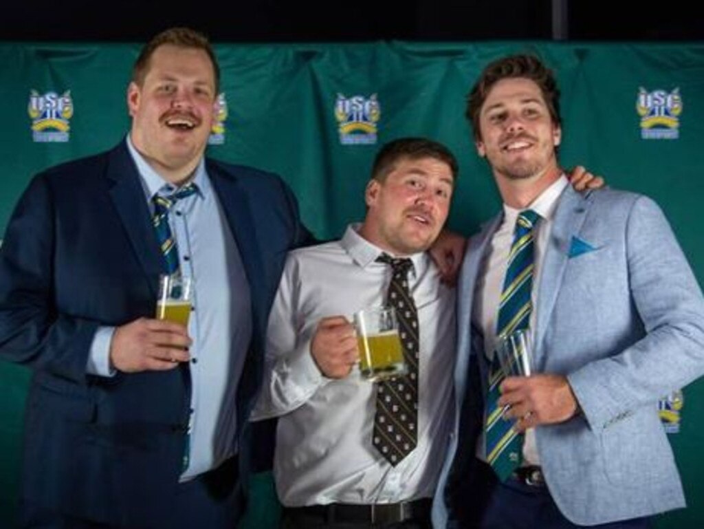 Reserve grade players Ash Platz, Matt Fairbairn and Jake Reidy celebrate at their club’s 2020 awards night. Picture Ash Platz Instagram