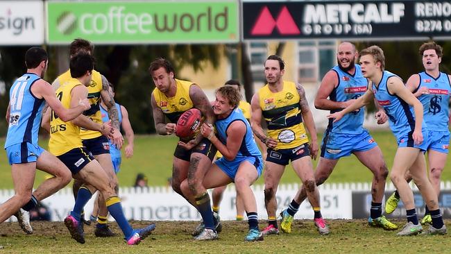 Scott Lewis and his Eagles mates couldn’t escape Sturt. Picture: Bianca De Marchi/AAP