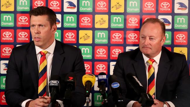 Adelaide Football Club CEO Andrew Fagan and Crows chairman Rob Chapman. He has promised club will review every detail of a disappointing season but won’t make knee-jerk reactions. Picture: AAP Image/Kelly Barnes