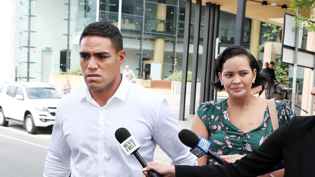 Broncos player Joe Ofahengaue supported by his partner Sofi Leota at Ipswich courts after his drink driving charge. Picture: Liam Kidston.