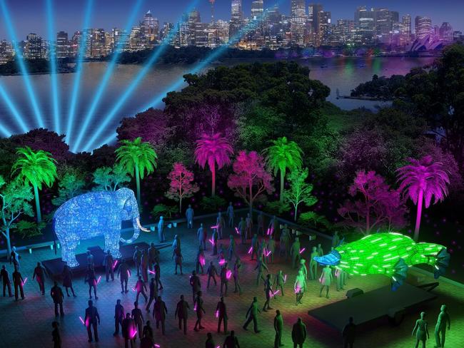 An artist’s impression of two gigantic illuminated sculptures to be unveiled during Vivid Sydney at Taronga Zoo. Picture: Supplied