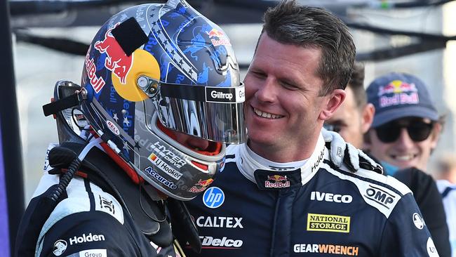 Shane van Gisbergen and Garth Tander celebrate their win. Picture: AAP