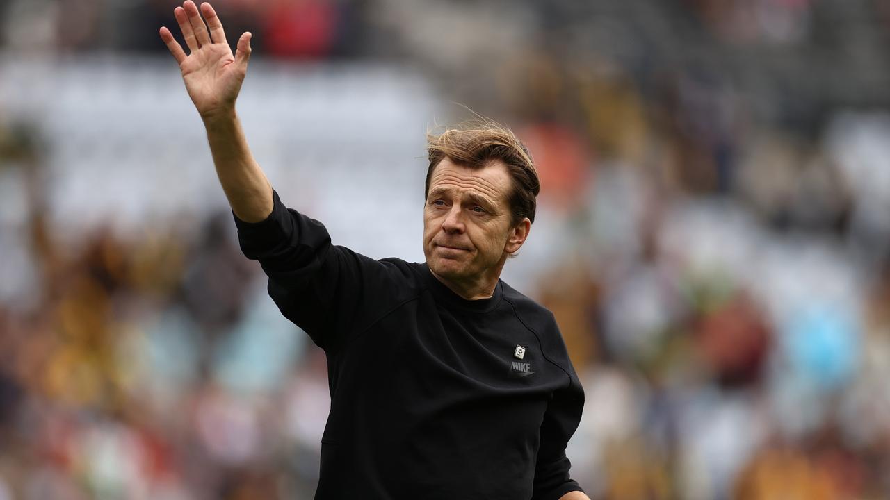 Matildas coach Tony Gustavsson acknowledges the fans after his side’s 3-0 loss to the USA. Picture: Cameron Spencer / Getty Images