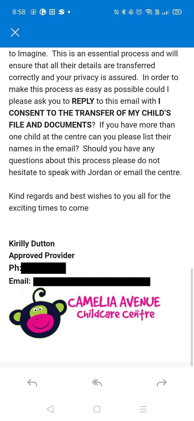 Final part of the email sent to parents, signed off by Kirilly. Picture: Supplied to News Corp Australia