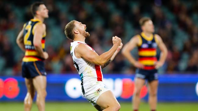 Forward Dean Kent celebrates one of the goals which helped St Kilda seal victory.