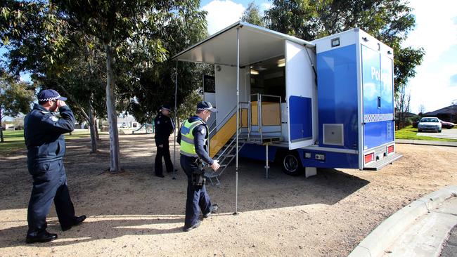 Police setting up a mobile unit at Lonzo Park in Taylors Hill. Picture: David Geraghty