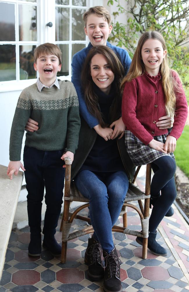 The photo issued by Kensington Palace of Catherine, Princess of Wales (42) with her children, Prince Louis (5), Prince George (10) and Princess Charlotte (8). Picture: Prince of Wales/Kensington Palace/Handout/Getty Images