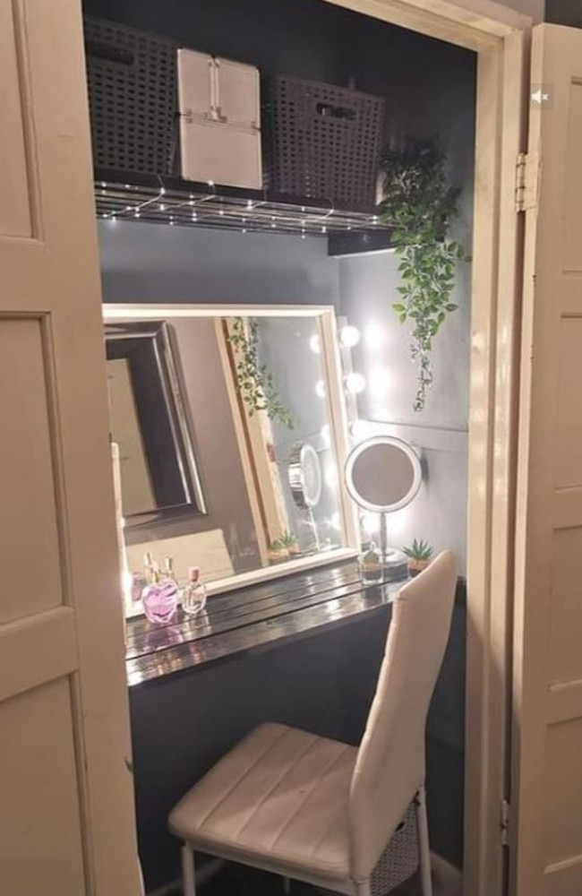 A woman has revealed how she transformed a cupboard in her hallway into a ‘glam station’. Picture: Facebook/Hannah Marie Clark