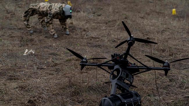 A robot dog and drone being used with fibre optics to fly at an undisclosed location in the Kyiv region.