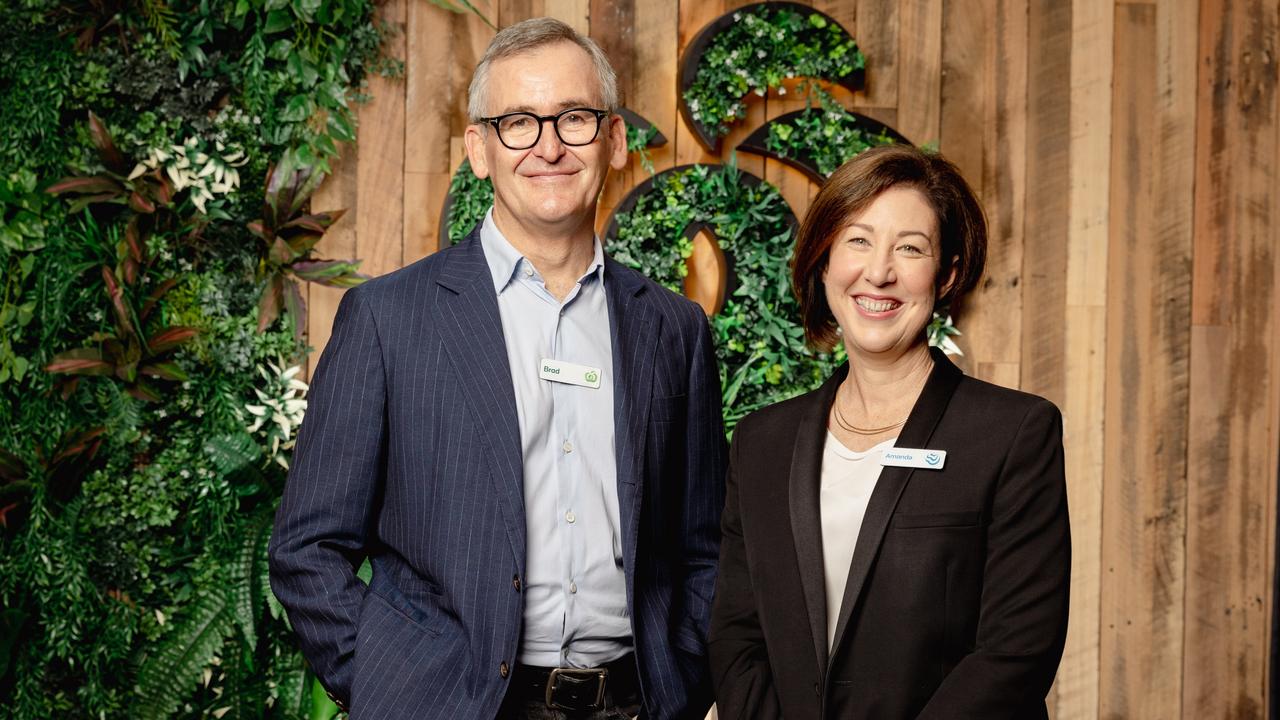 Former Woolworths CEO Brad Banducci with his successor Amanda Bardwell.