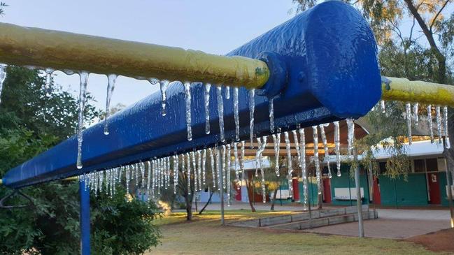 Ross Park Primary School staff captured images of icicles on the trees during a chilly morning where the mercury dipped to 1.4C overnight in Alice Springs Picture: Ross Park Primary School