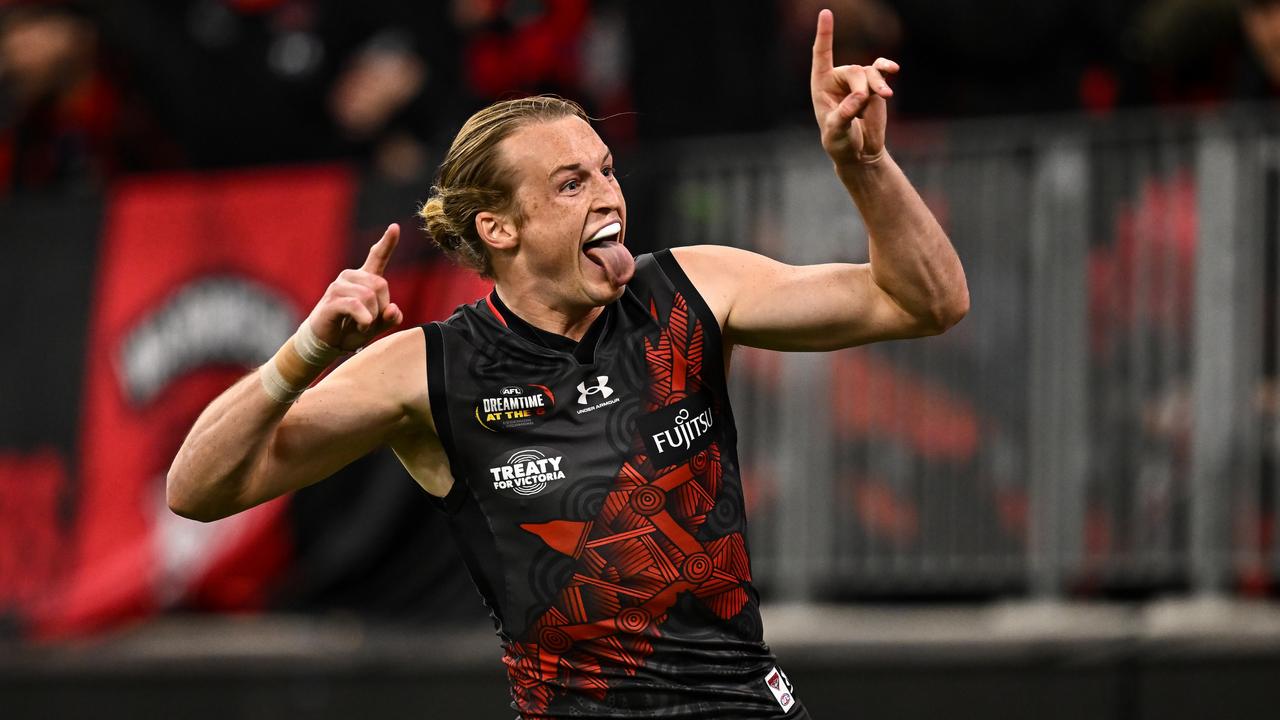 Bomber Mason Redman celebrates in the win over West Coast. Picture: Daniel Carson