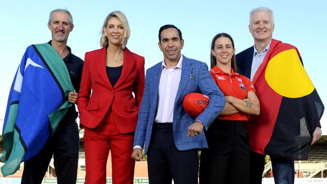 Prominent sportspeople such as (from left) Jason Gillespie, Cath Cox, Eddie Betts, Chloe Marton and Andrew Gaze are supporting the Indigenous Voice to Parliament. Picture: Image/Martin Philbey