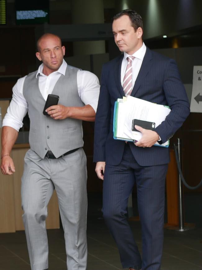 Adam Stefan Browner and his defence lawyer Troy Smith outside the Southport Magistrates Court. Photo: Annie Perets