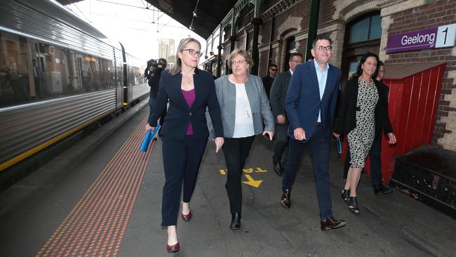 Jacinta Allan, Lisa Neville, Premier Daniel Andrews, and Christine Couzens at Geelong station. Picture: Alison Wynd