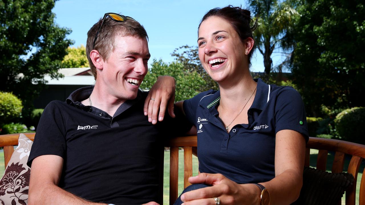 CYCLING - Rohan Dennis with his girlfriend Melissa Hoskins, who rides for GreenEDGE and his new BMC bike and jersey. Photo Sarah Reed