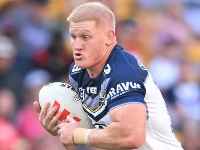 Cowboys prop Griffin Neame taking on the Dolphins In Round 1 of the 2024 NRL season. Picture: Zain  Mohammed / NRL Imagery