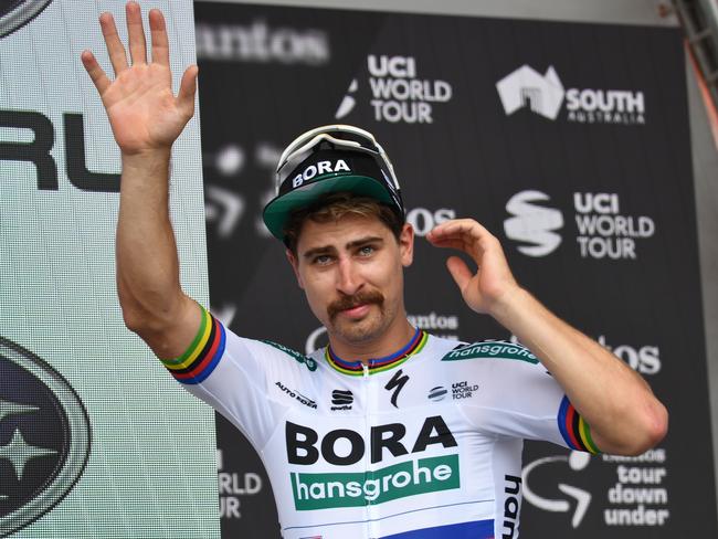 Peter Sagan from team Bora Hansgrohe celebrates winning stage three of the Tour Down Under from Lobethal to Uraidla in South Australia, Thursday, January 17, 2019. (AAP Image/David Mariuz) NO ARCHIVING, EDITORIAL USE ONLY