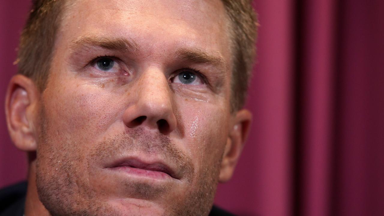 A teary David Warner fronts a press conference after the sandpapergate scandal.