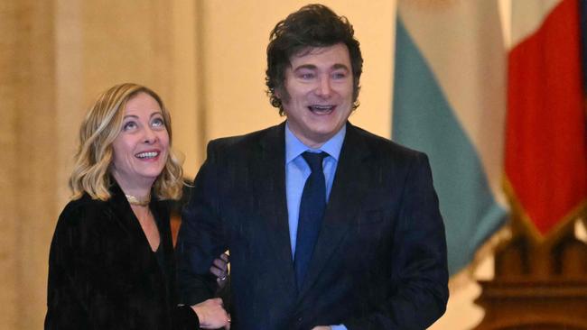 Italy's Prime Minister, Giorgia Meloni welcomes Javier Milei at Palazzo Chigi, before their meeting in Rome on December 13, 2024. Picture: AFP