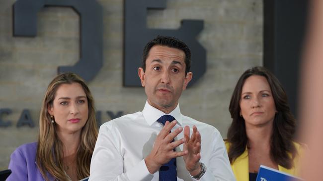 Shadow Youth Justice Minister Laura Gerber, LNP leader David Crisafulli and LNP Gaven candidate Bianca Stone, at the Men of Business Academy premises in Southport.