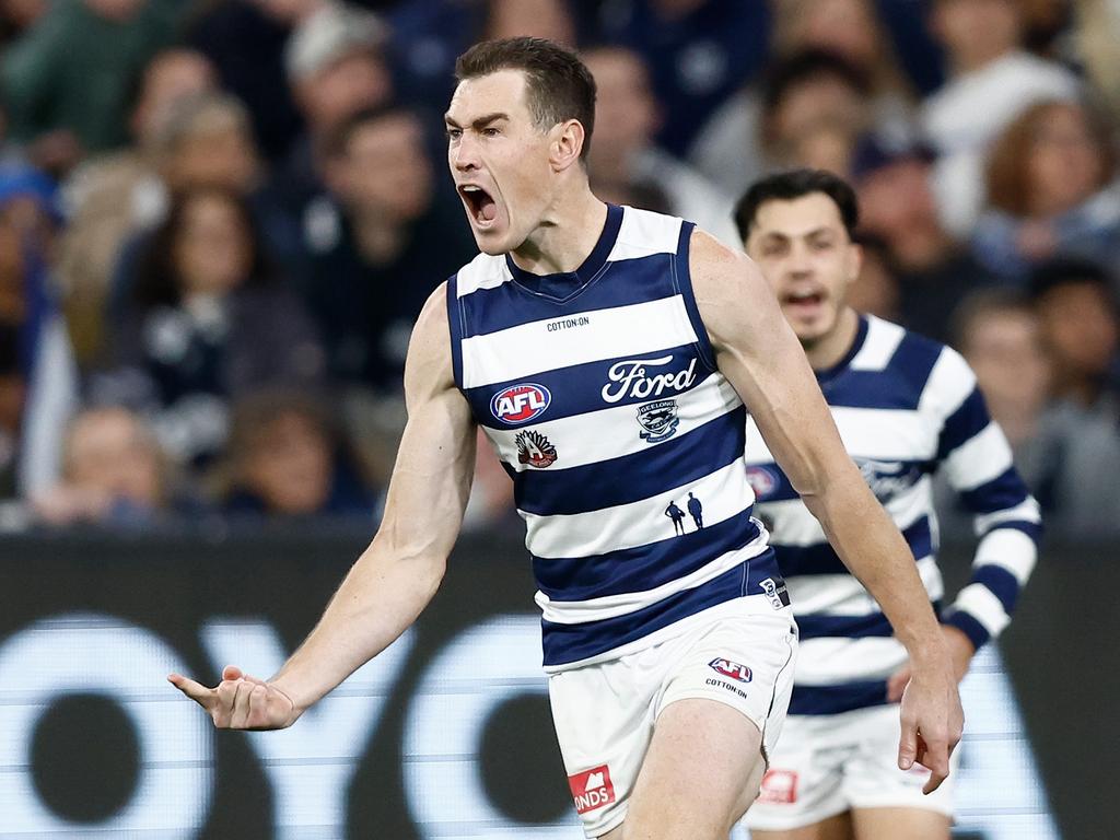 MELBOURNE, AUSTRALIA – APRIL 27: Jeremy Cameron of the Cats celebrates a goal during the 2024 AFL Round 07 match between the Geelong Cats and the Carlton Blues at the Melbourne Cricket Ground on April 27, 2024 in Melbourne, Australia. (Photo by Michael Willson/AFL Photos via Getty Images)