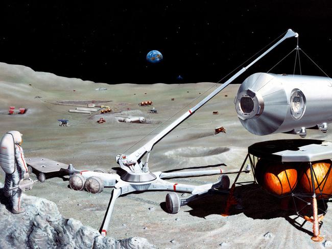 A NASA artist impression of future explorers mining the moon for minerals to supply the raw materials for an orbiting service station.