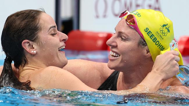 Kaylee McKeown and Emily Seebohm celebrate McKeown’s gold-medal winning performance in Tokyo. Picture: Tom Pennington/Getty Images