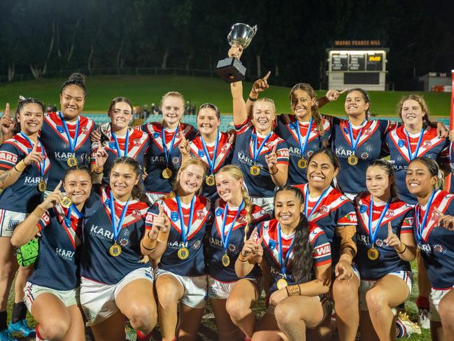 The Roosters celebrate their win in the Tarsha Gale Cup. Picture: Thomas Lisson