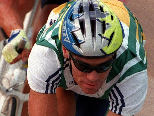 Australian track cycling squad lead by Dean Woods followed by Tim O'Shannessy during practice on Atlanta track in preparation for 1996 Olympic Games.   Cycling / Training Olympic96