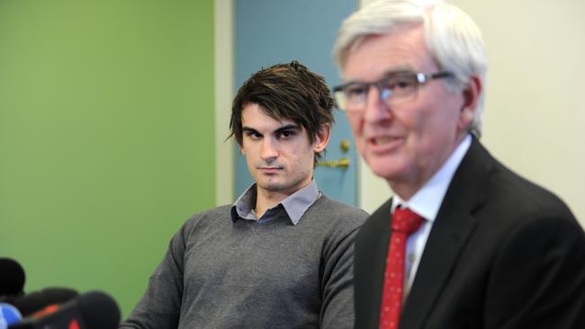 Scott Broadbridge, fiance of Cassie Sainsbury, with Adelaide lawyer Steven Kenny. Picture: Greg Higgs