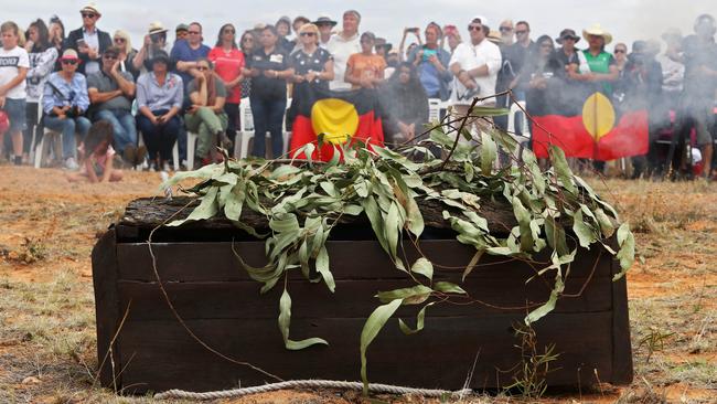 The casket containing the remains of Mungo man in Mungo National park in 2017. Picture: Aaron Francis