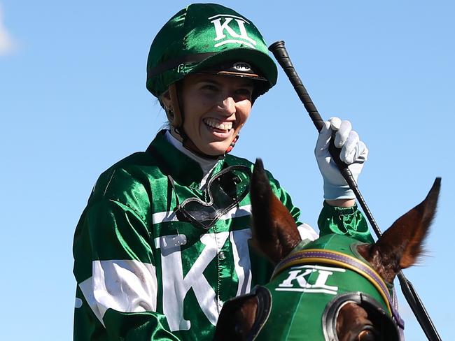 SYDNEY, AUSTRALIA - APRIL 06: Kayla Nisbet riding Asgarda wins Race 5 Newhaven Park Country Championships Final during Sydney Racing at Royal Randwick Racecourse on April 06, 2024 in Sydney, Australia. (Photo by Jeremy Ng/Getty Images)