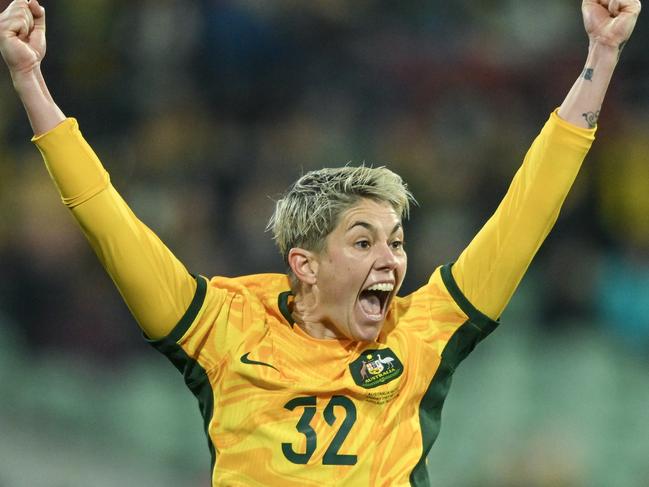 ADELAIDE, AUSTRALIA - MAY 31: Michelle Heyman of Australia   celebrates after scoring his teams first goal during the international friendly match between Australia Matildas and China PR at Adelaide Oval on May 31, 2024 in Adelaide, Australia. (Photo by Mark Brake/Getty Images)