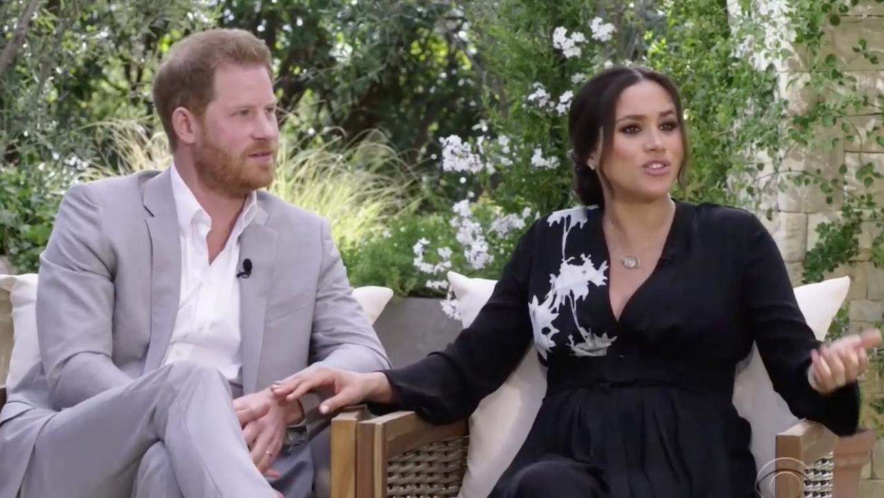 Harry and Meghan during their interview with Oprah Winfrey. Picture: CBS