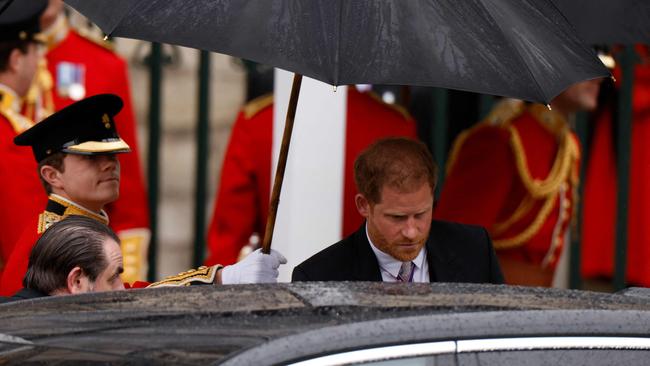 Britain's Prince Harry, Duke of Sussex leaves Westminster Abbey after the Coronation Ceremonies of Britain's King Charles III. Picture: AFP