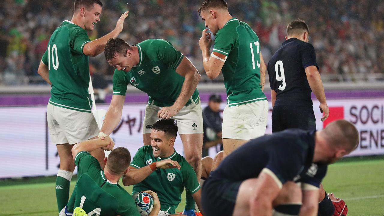 Ireland celebrate their fourth try to Andrew Condon during their big win over Scotland in the 2019 World Cup.
