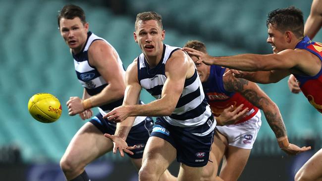 A tough run for Geelong will be made harder without Joel Selwood. Picture: Phil Hillyard