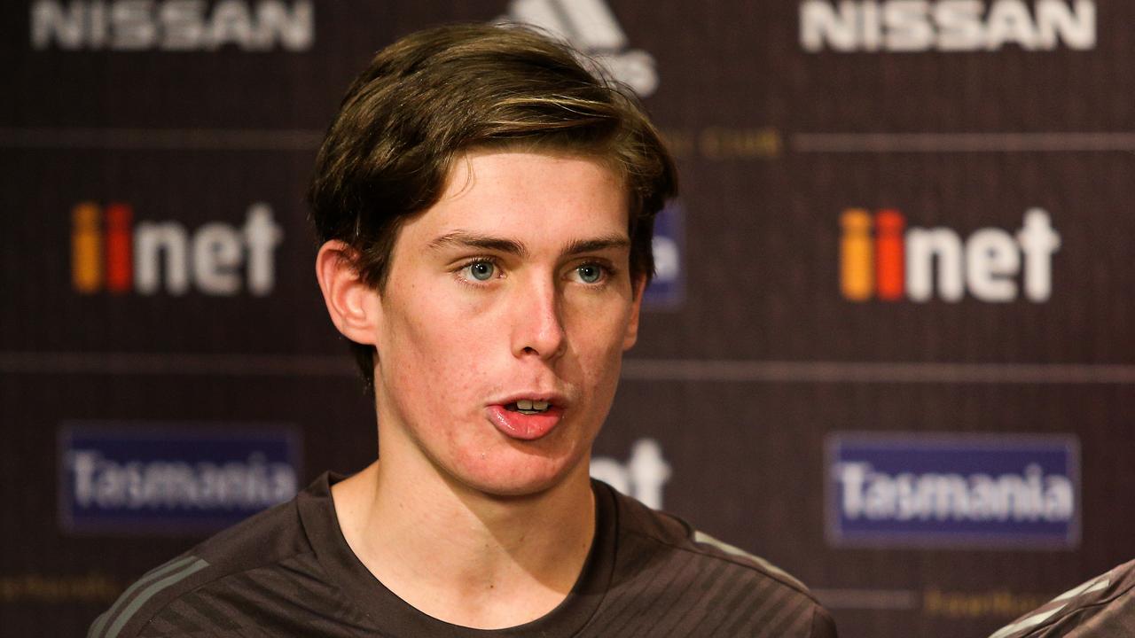 MELBOURNE, AUSTRALIA - DECEMBER 02: Will Day of the Hawks speaks to the media during a Hawthorn Hawks AFL media opportunity at Waverley Park on December 2, 2019 in Melbourne, Australia. (Photo by Martin Keep/Getty Images)