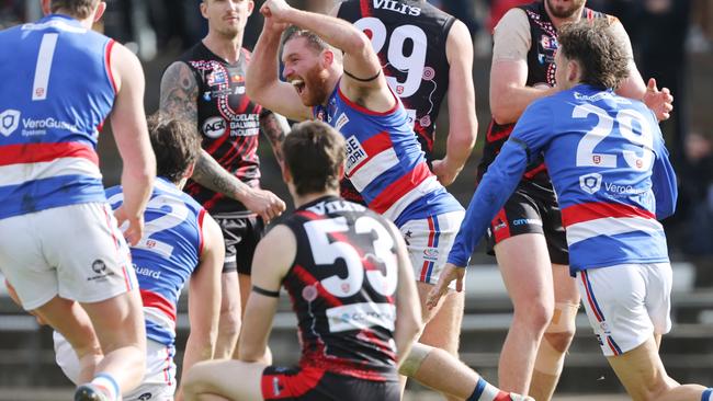 Bulldog Jarrod Schiller shows his jubilation after kicking a crucial goal against West Adelaide at Richmond Oval. Picture: SANFL Image/David Mariuz.