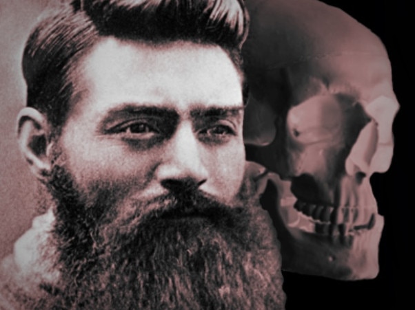 A photograph of Ned Kelly after his arrest and, inset, a skull believed to be his that was stolen from the gaol in 1978. Picture: State Library of Victoria,