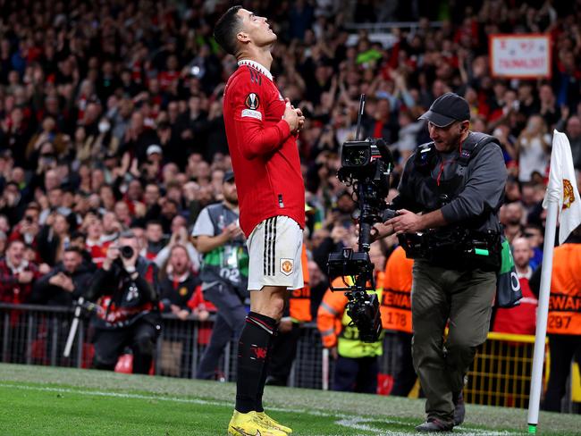 Ronaldo soaks in the adulation of the Old Trafford crowd. Picture: Naomi Baker/Getty Images