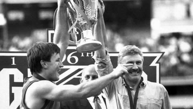 Captain John Worsfold and coach Michael Malthouse combined in 1992, above, and in 1994 to win the premiership for West Coast Eagles.